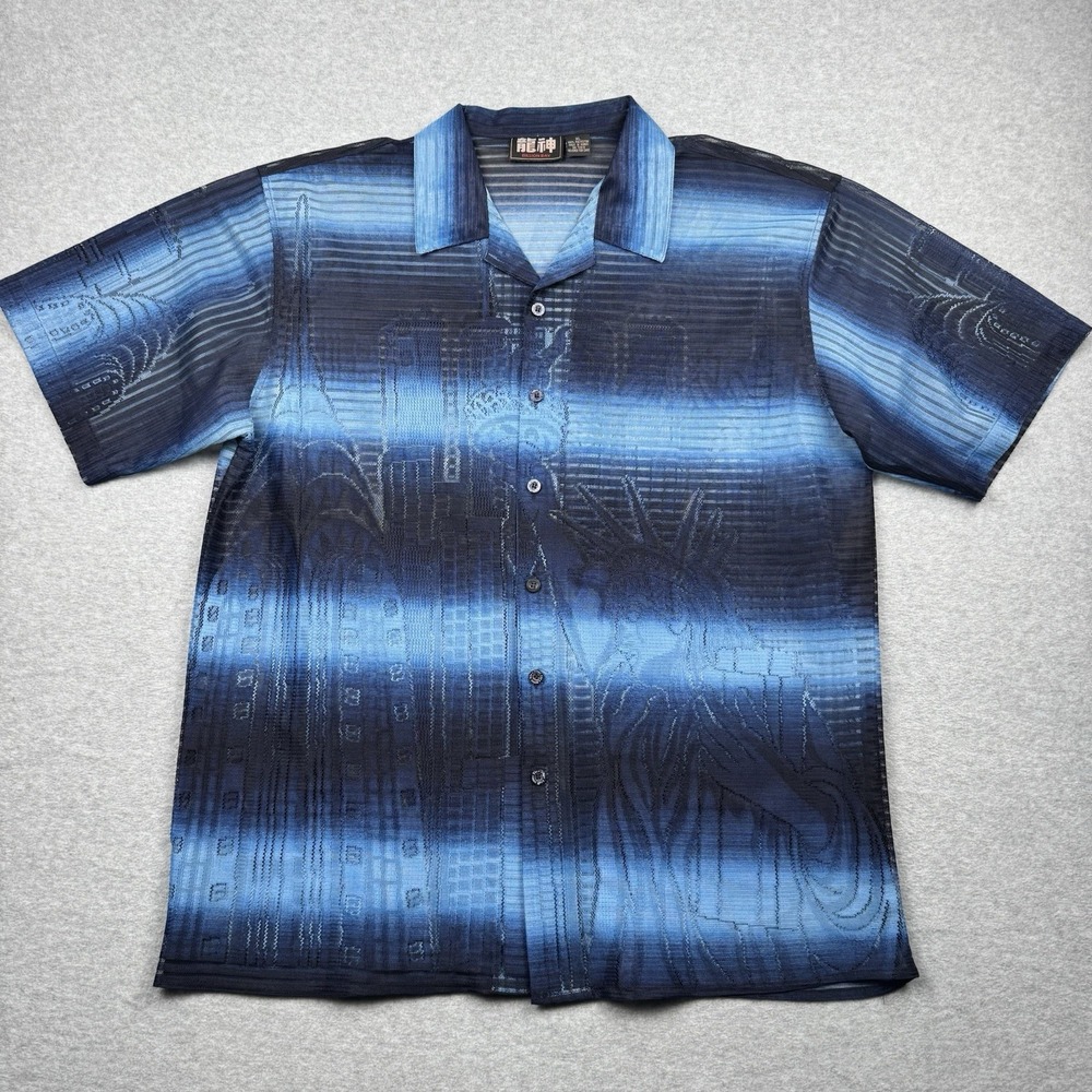 Billion Bay Shirt Men's XL Blue Statue Of Liberty/ Sky Scrapers See Thru Mesh NY